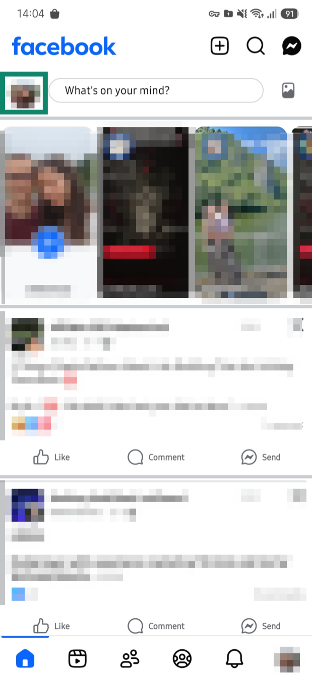 Facebook mobile app showing the profile picture highlighted.