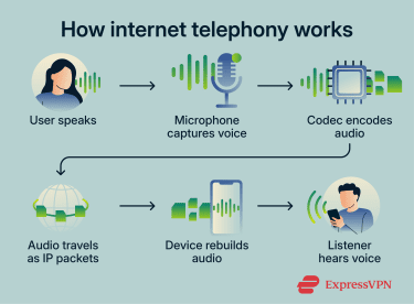 Flow showing voice converted to data packets and rebuilt into audio