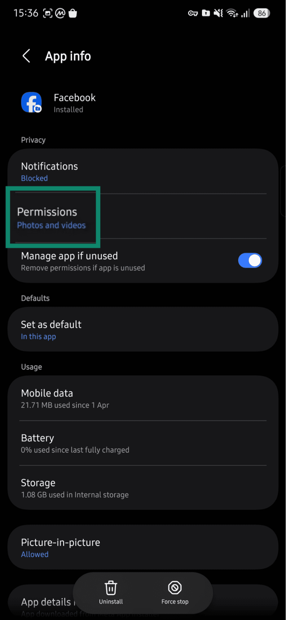 Android Facebook settings showing the "Permission" option highlighted.
