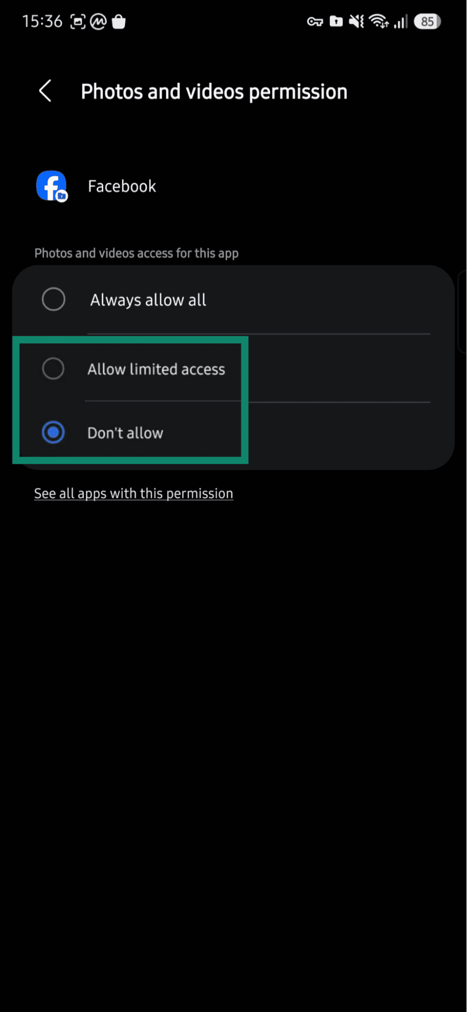 Facebook photo permissions on Android showing the "Allow limited access" and "Don't allow" options highlighted.
