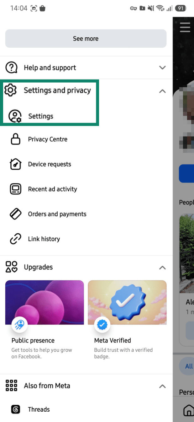 Facebook settings on mobile showing the "Settings and privacy" and "Settings" options highlighted.
