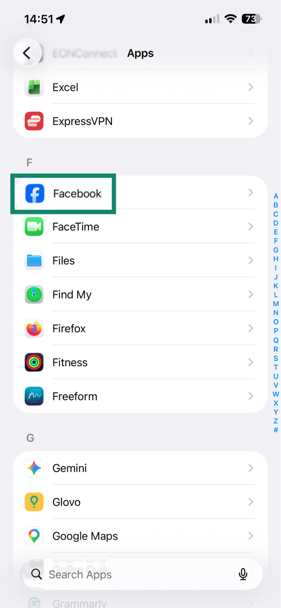 iPhone apps settings showing the Facebook app highlighted.