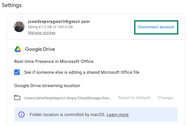 Google Drive Settings page showing the Disconnect account option.