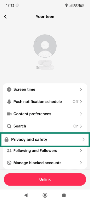 Teen account settings menu, highlighting the Privacy and safety option.