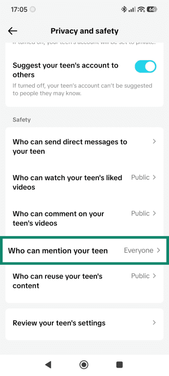 Privacy and safety settings, highlighting the "Who can mention your teen" option.