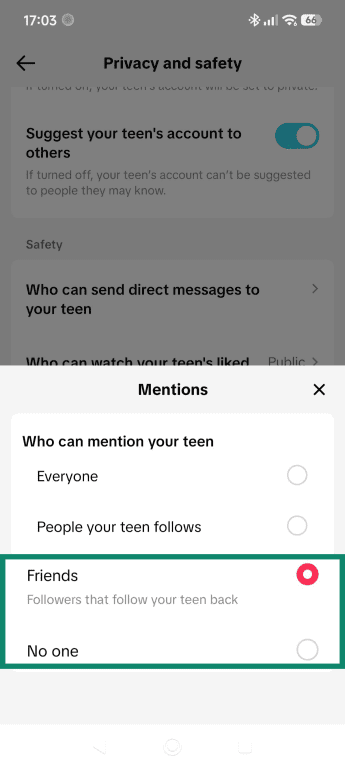 Mentions settings menu, highlighting the Friends option.