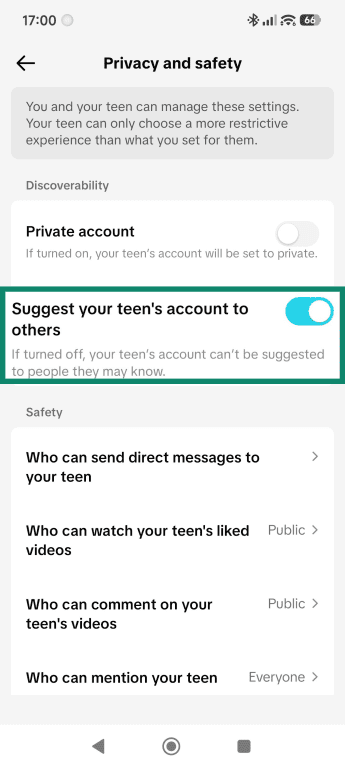 Privacy and safety settings, highlighting the "Suggest your teen's account to others" toggle.