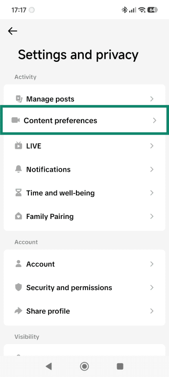 Settings and privacy menu, highlighting the Content preferences option.