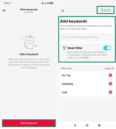 Filter keywords page, highlighting the Add keyword button and the Add keywords configuration page, highlighting the Save button and Smart filter toggle.
