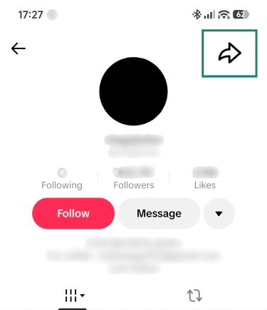 TikTok profile view, highlighting the share icon button.