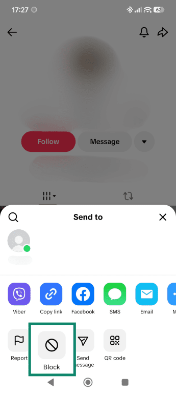TikTok share options menu, highlighting the Block button.