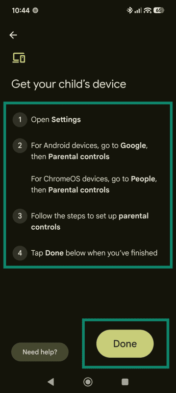 "Get your child's device" setup guide, highlighting the step-by-step instructions and the "Done" button.