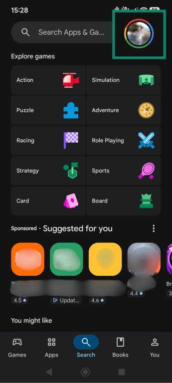 Google Play Store home screen, highlighting the user profile icon in the top right corner.