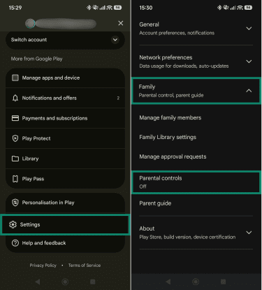Google Play Store account menu, highlighting the "Settings," "Family," and "Parental controls" options.