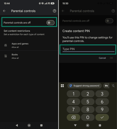 Parental controls configuration screen, showing the main toggle switch, and the Create content PIN screen, highlighting the area to input a PIN for parental control settings.