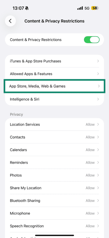 Content and privacy restrictions menu highlighting app store, media, web, and games