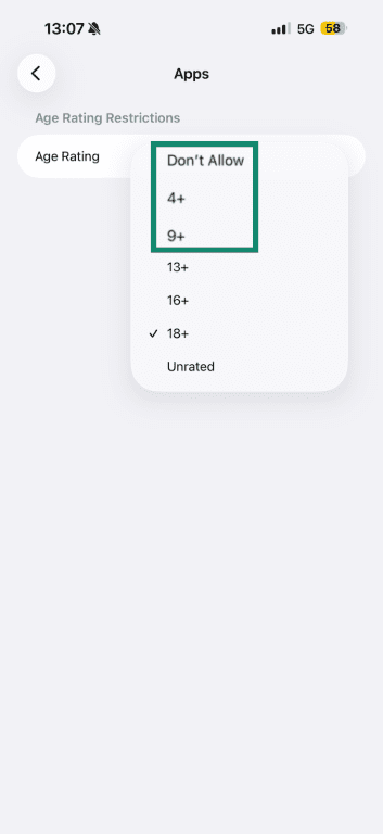 listed ratings and age rating restrictions in the apps menu