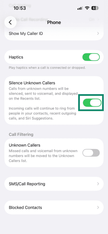 Silence unknown callers option on iPhone is enabled.