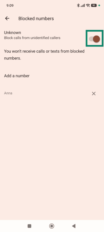 Block calls from unknowns numbers is enabled on Android.