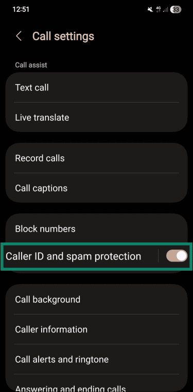 Android Caller ID and spam protection settings.