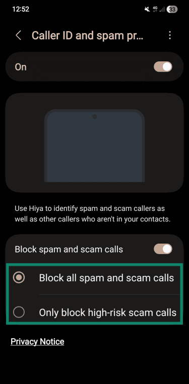 Android's spam and scam call blocking options.