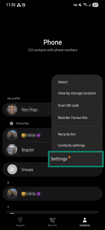 Phone call settings on Android.