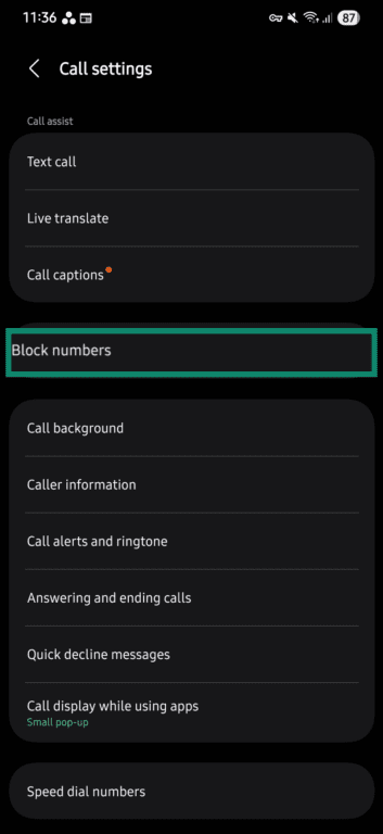 Block call settings on Android.