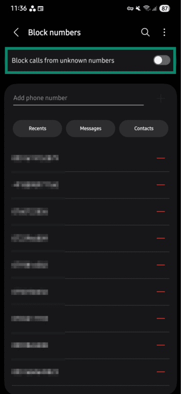 Block call settings on Android.