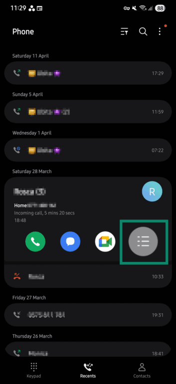 Menu icon on calls list on Android.