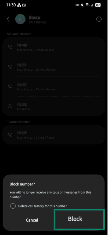Block calls option on Android.
