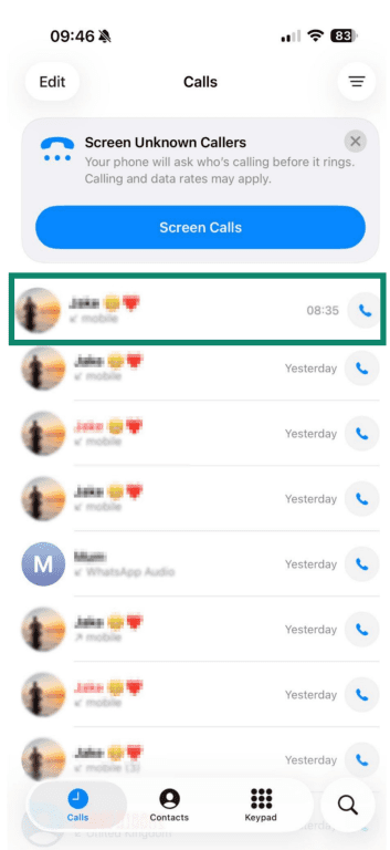 Recent calls list on iPhone.