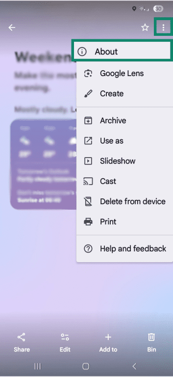 Three-dot menu opened in Google Photos with the About option selected
