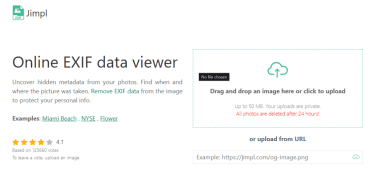 Online EXIF data viewer website opened in a browser