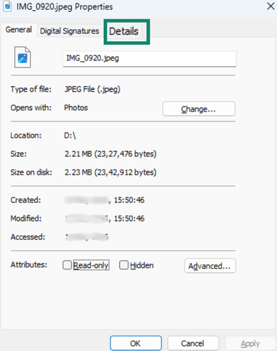 Details tab in the image Properties window on Windows