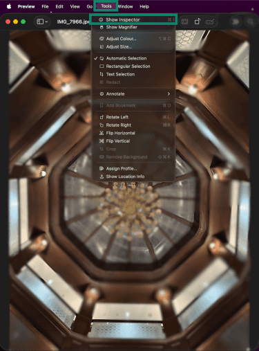 Preview app open with the Tools menu expanded and Show Inspector selected.