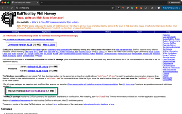 ExifTool download page opened in a web browser