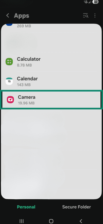 Camera app selected in the Apps menu on Android