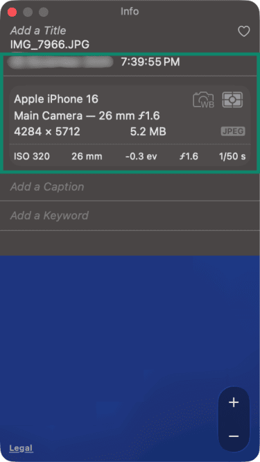 Photo metadata details shown in the Info window on Mac