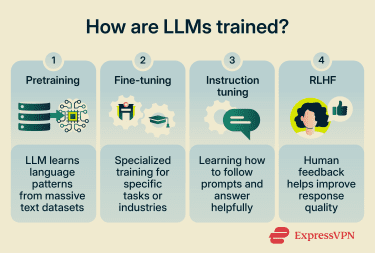 The four major stages of LLM training: pretraining, fine-tuning, instruction tuning, and reinforcement learning from human feedback