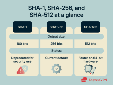 Infographic comparing SHA-1, SHA-256, and SHA-512.