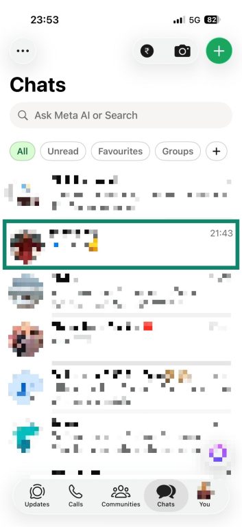 WhatsApp home screen with a chat highlighted.