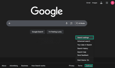 Google Search settings menu.