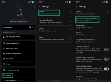 Account and device preferences on Google Play Store.