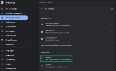 Location permissions under Site settings on Google Chrome browser.
