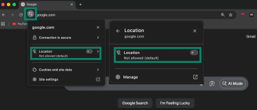 How to manage location sharing for a specific site on Google Chrome.