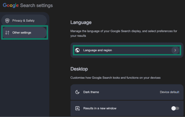 Language and region option on Google's Search Settings.