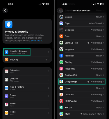 Location Services menu in iPhone settings.