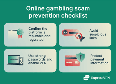 How to protect yourself from online gambling scams, including license verification, account security, payment protection, scam awareness, and safe browsing practices