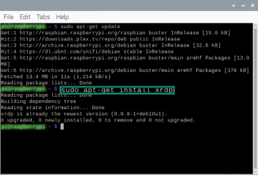 Running "sudo-apt-get install xrdp" command on Raspberry Pi terminal.