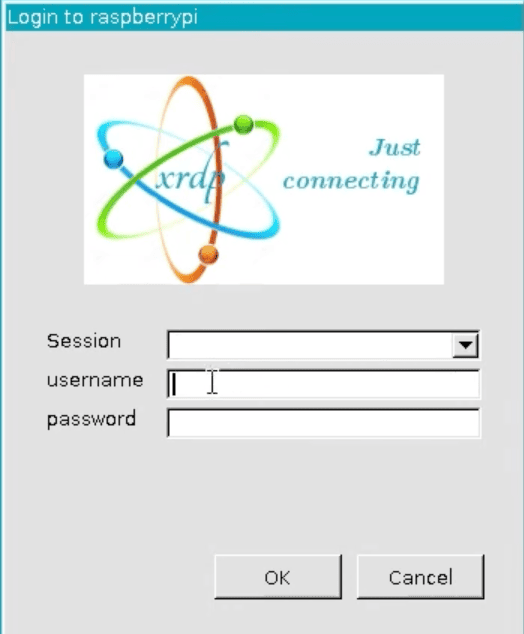 RDP client asking for username and password to establish a remote connection with a Raspberry Pi.